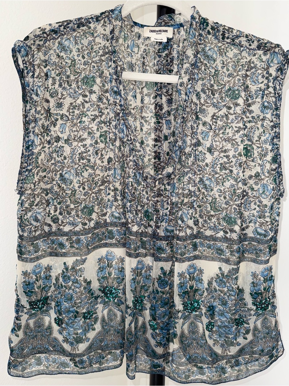 Zadig & Voltaire Sheer Floral V-Neck Top with Beaded details - S